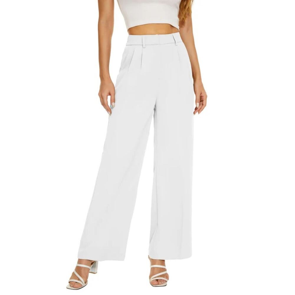 NWOT Funyyzo High Rise Wide Leg Pleat Front Pockets Dress White Ankle Pants-Med